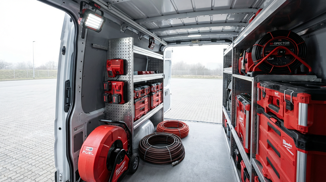 Milwaukee drain cleaning equipment organized inside a service van