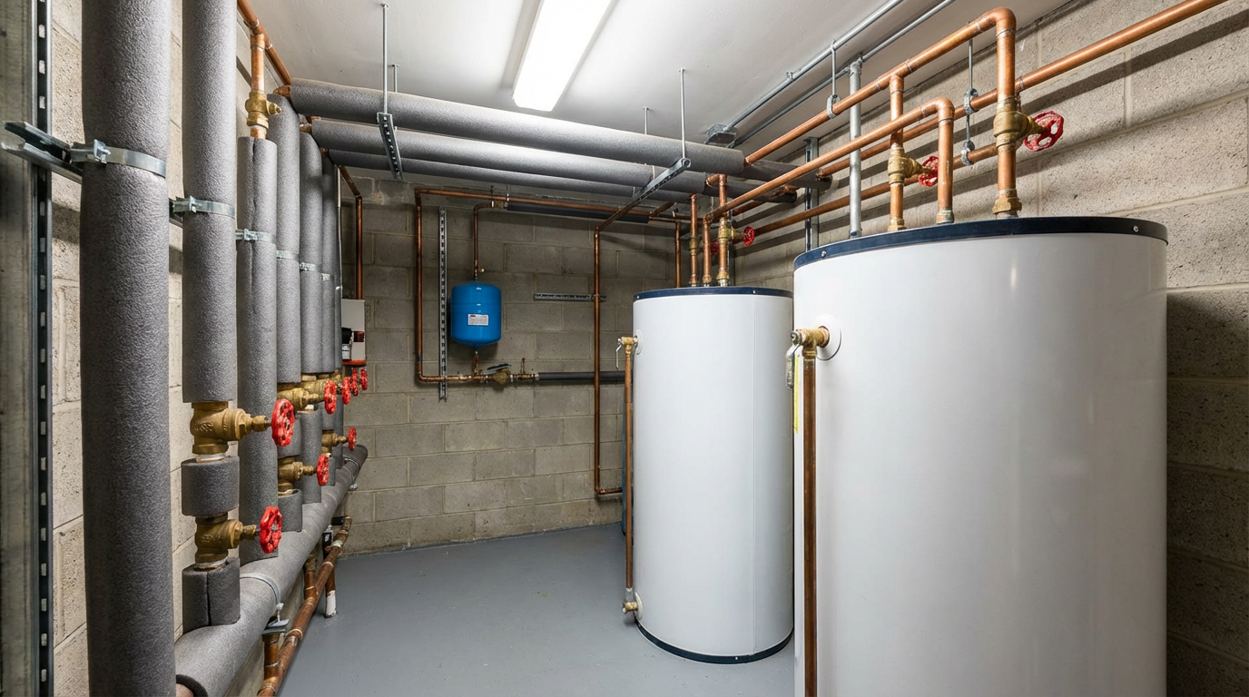 Commercial building mechanical room with plumbing infrastructure