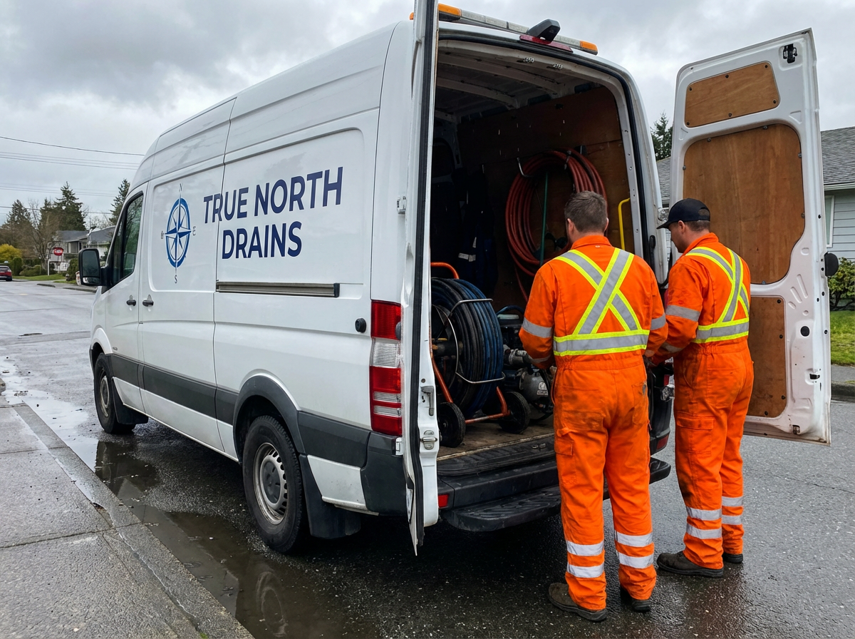 True North Drains crew reviewing building plans at a commercial construction site